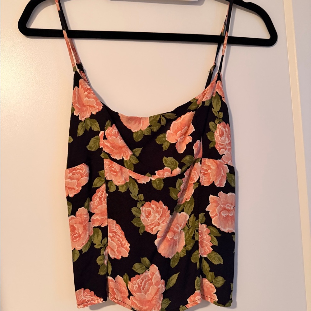 Reformation Black Floral Camisole with Pink and Green